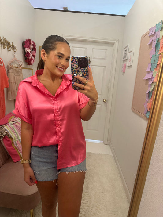 Button Down Silky Satin Short Sleeve Top