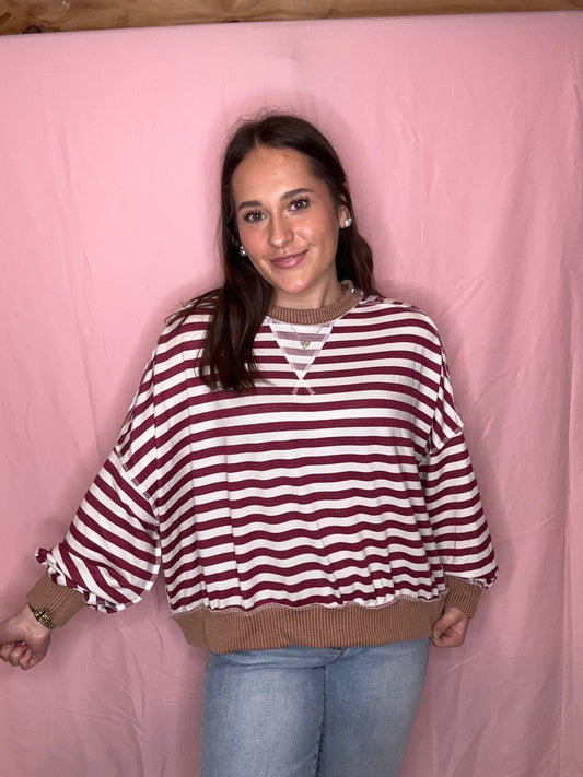 Crew Neck Loose Fit Stripe Pullover Knit Top