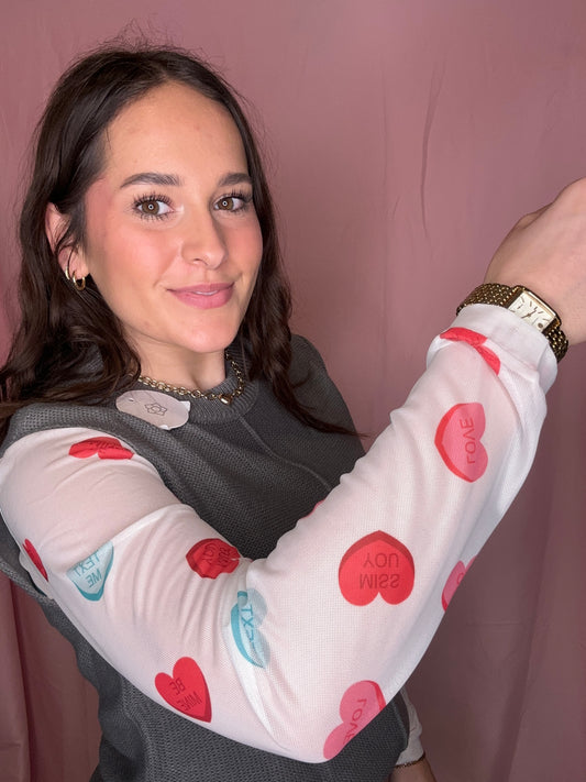 Sheer Mesh Valentines Heart Printed Long Sleeve Top (S-XL)