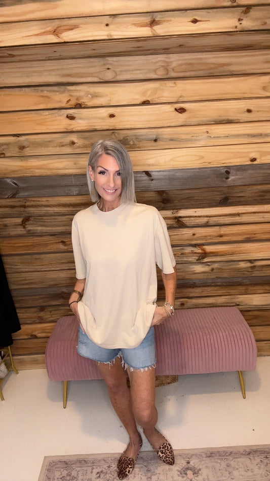 -Mineral Washed Oversized Short Sleeve Basic Top: Almond Milk