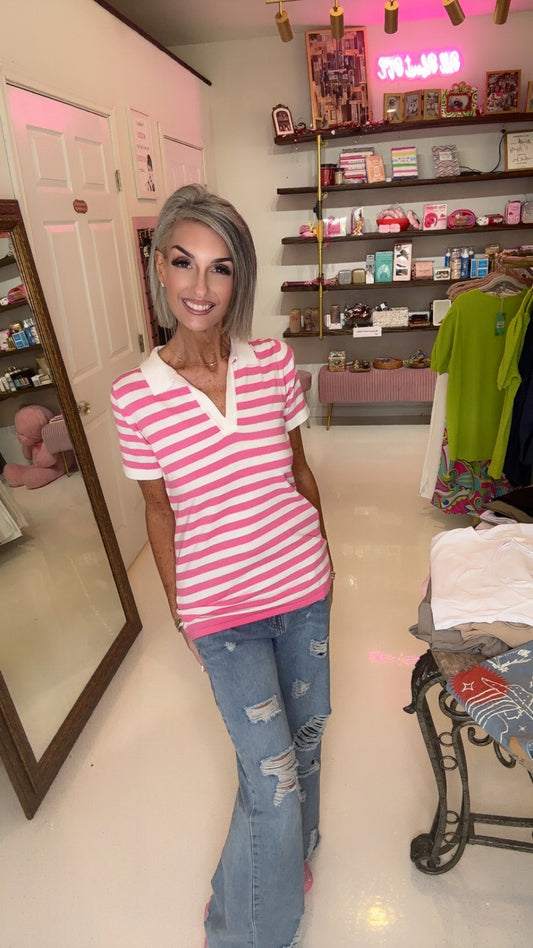 Collar Neck Short Sleeve Stripe Knitted Polo Top VT81440