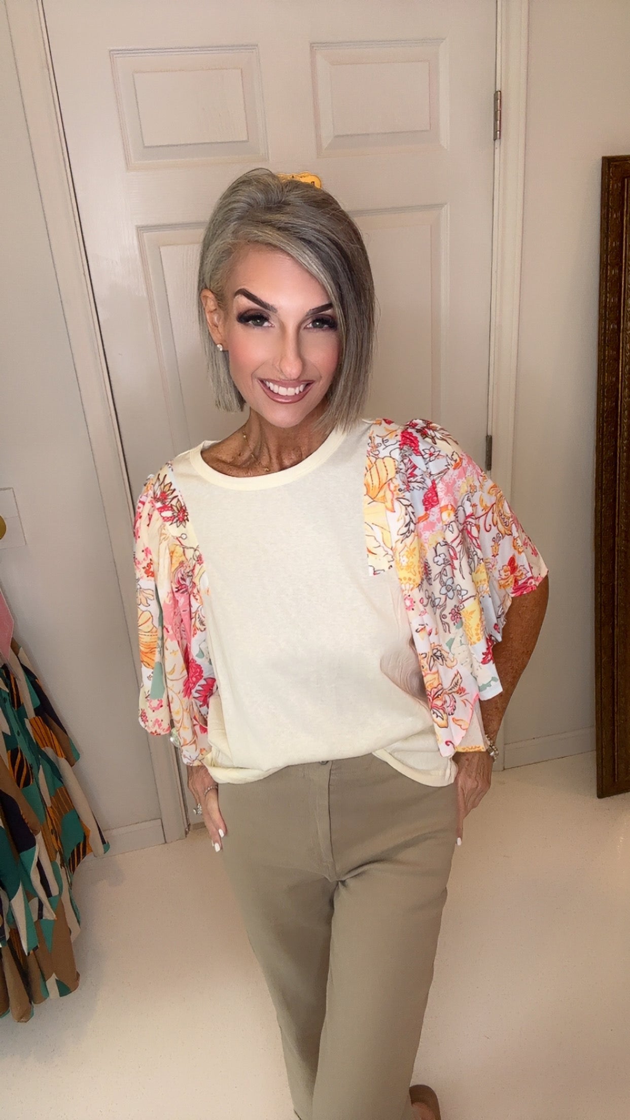 Beige Floral Patchwork Half Batwing Sleeve Blouse