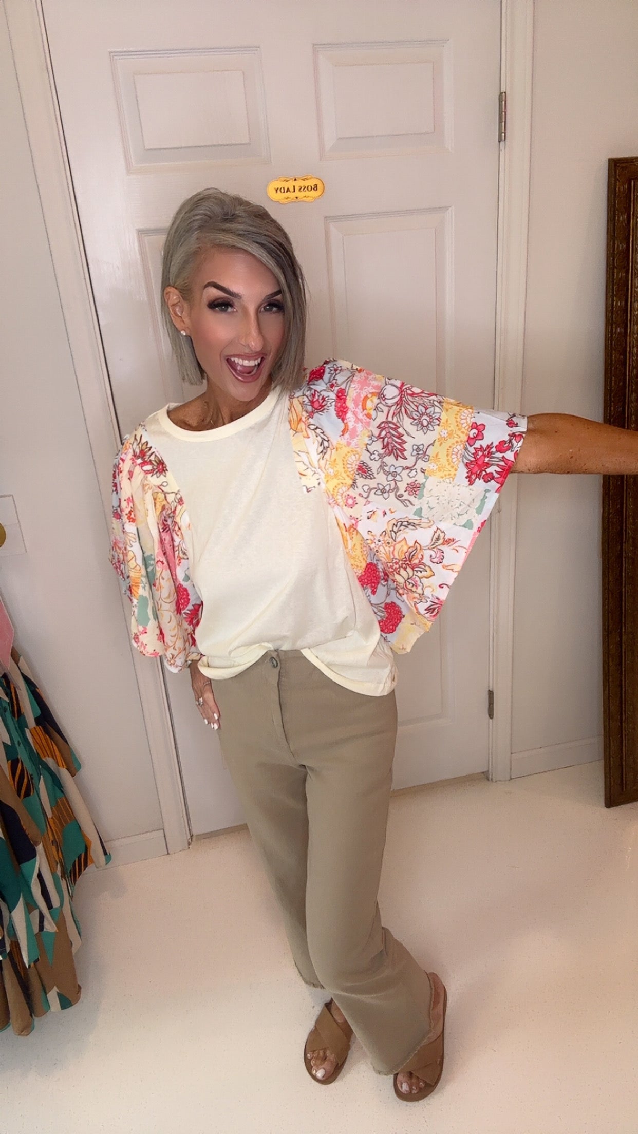 Beige Floral Patchwork Half Batwing Sleeve Blouse