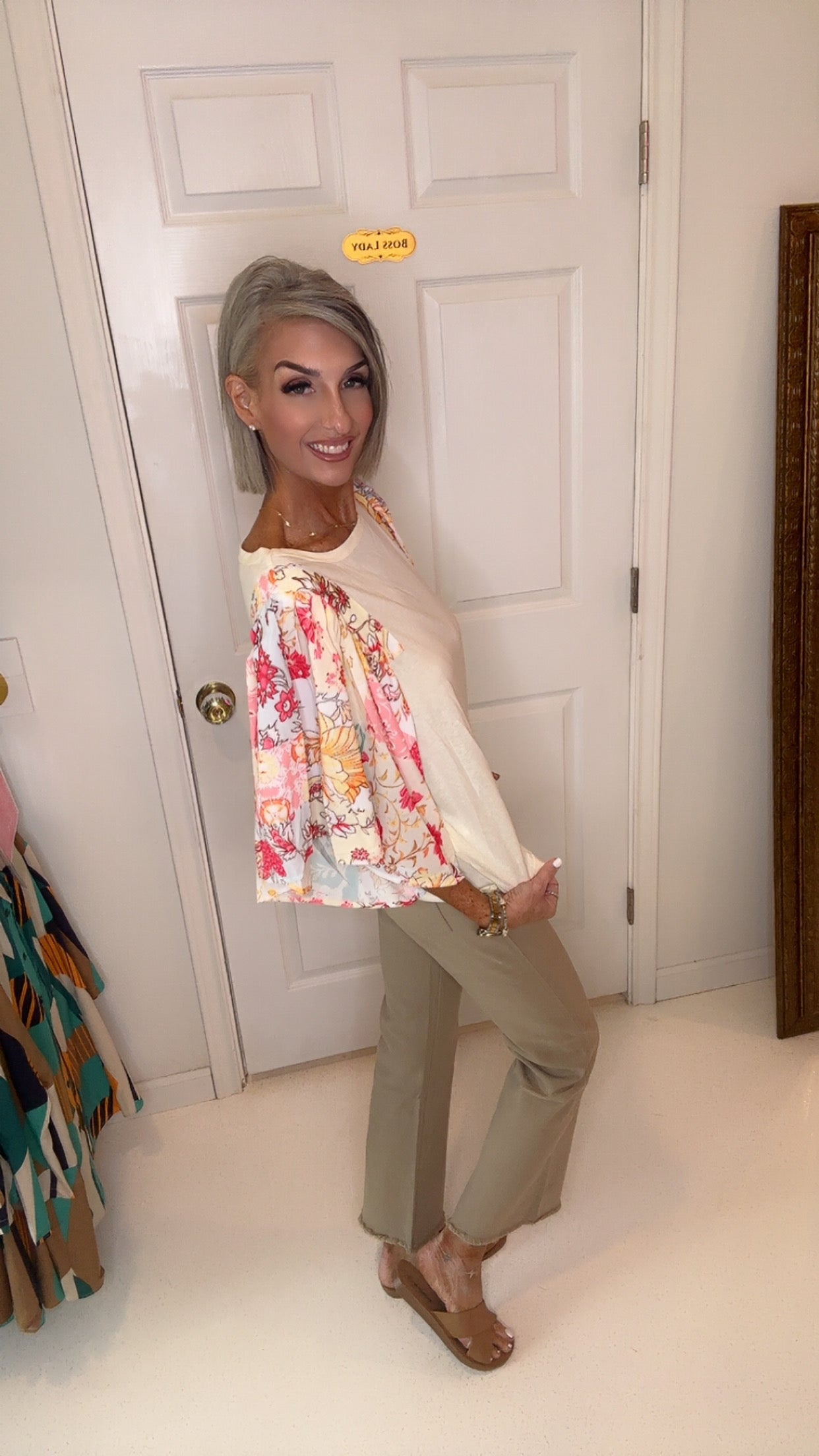 Beige Floral Patchwork Half Batwing Sleeve Blouse