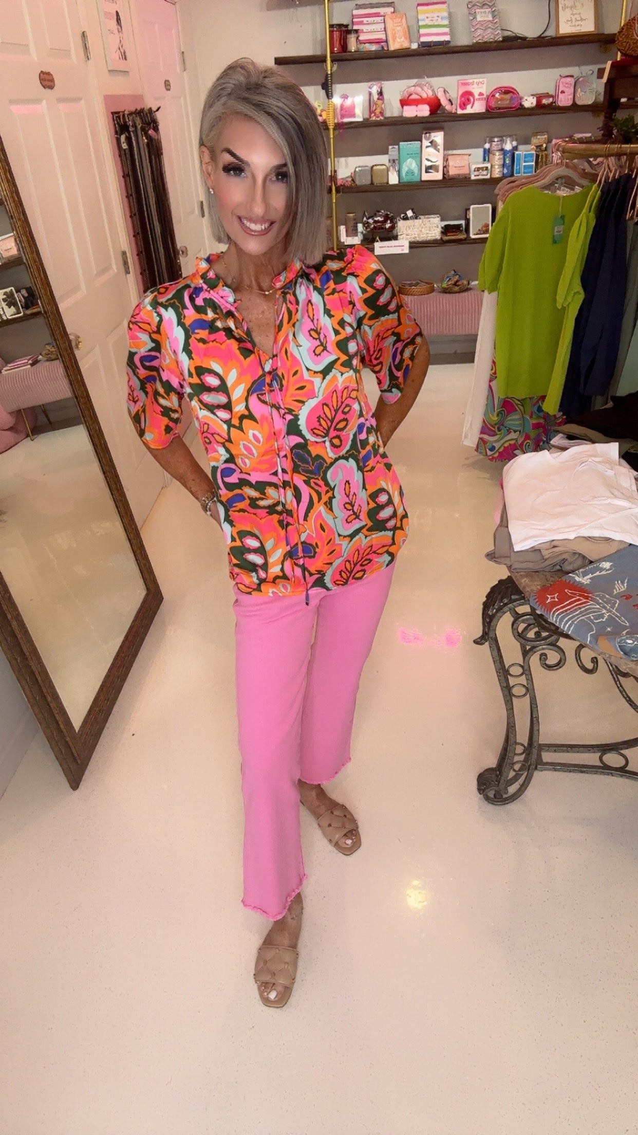 Tropical Print Tie Neck Puff Sleeve Blouse | S-XL