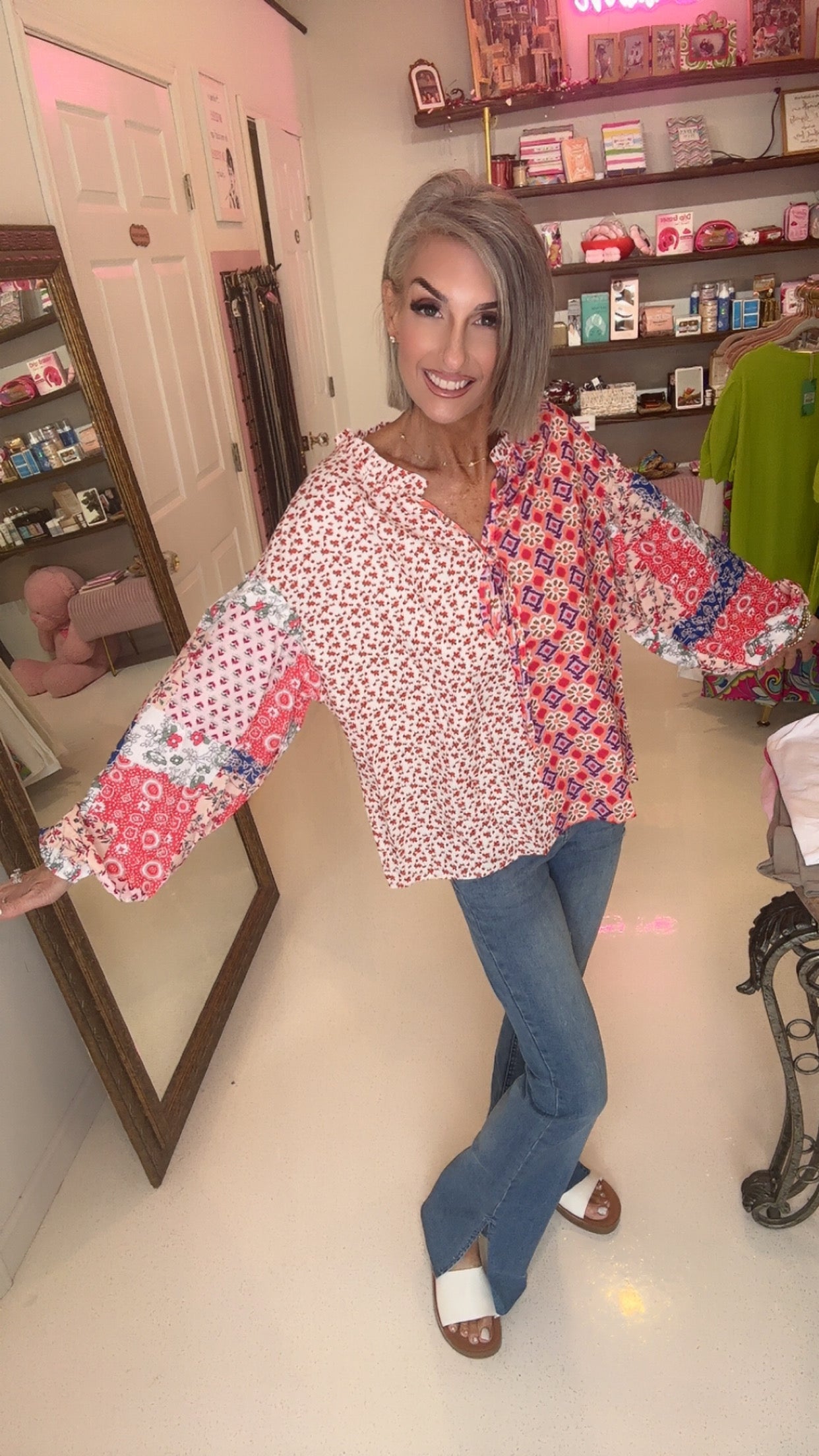 Orange Mixed Floral Printed Long Sleeve Tied V Neck Blouse