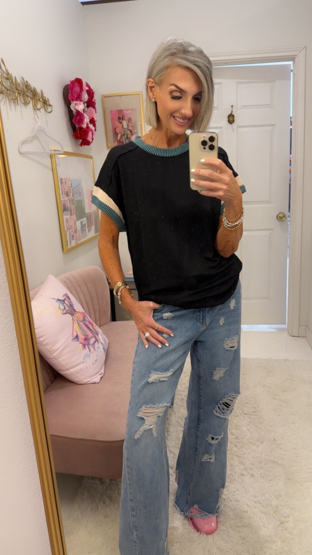 Round Neck Outer Seam Twisted Strip Short Sleeved Top