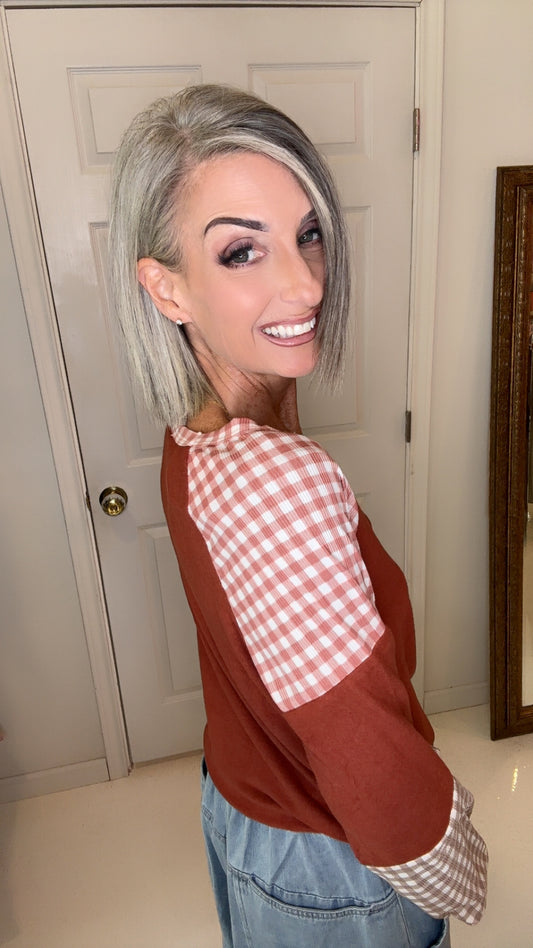 PLAID COLOR BLOCK PUFF SLEEVE