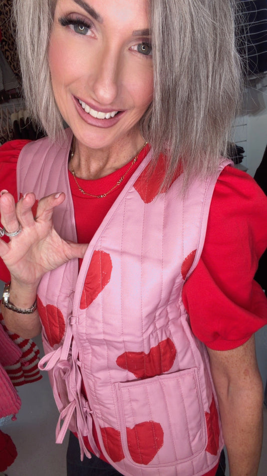 QUILTED HEART VALENTINE PRINT BOW ACCENT VEST JACKET