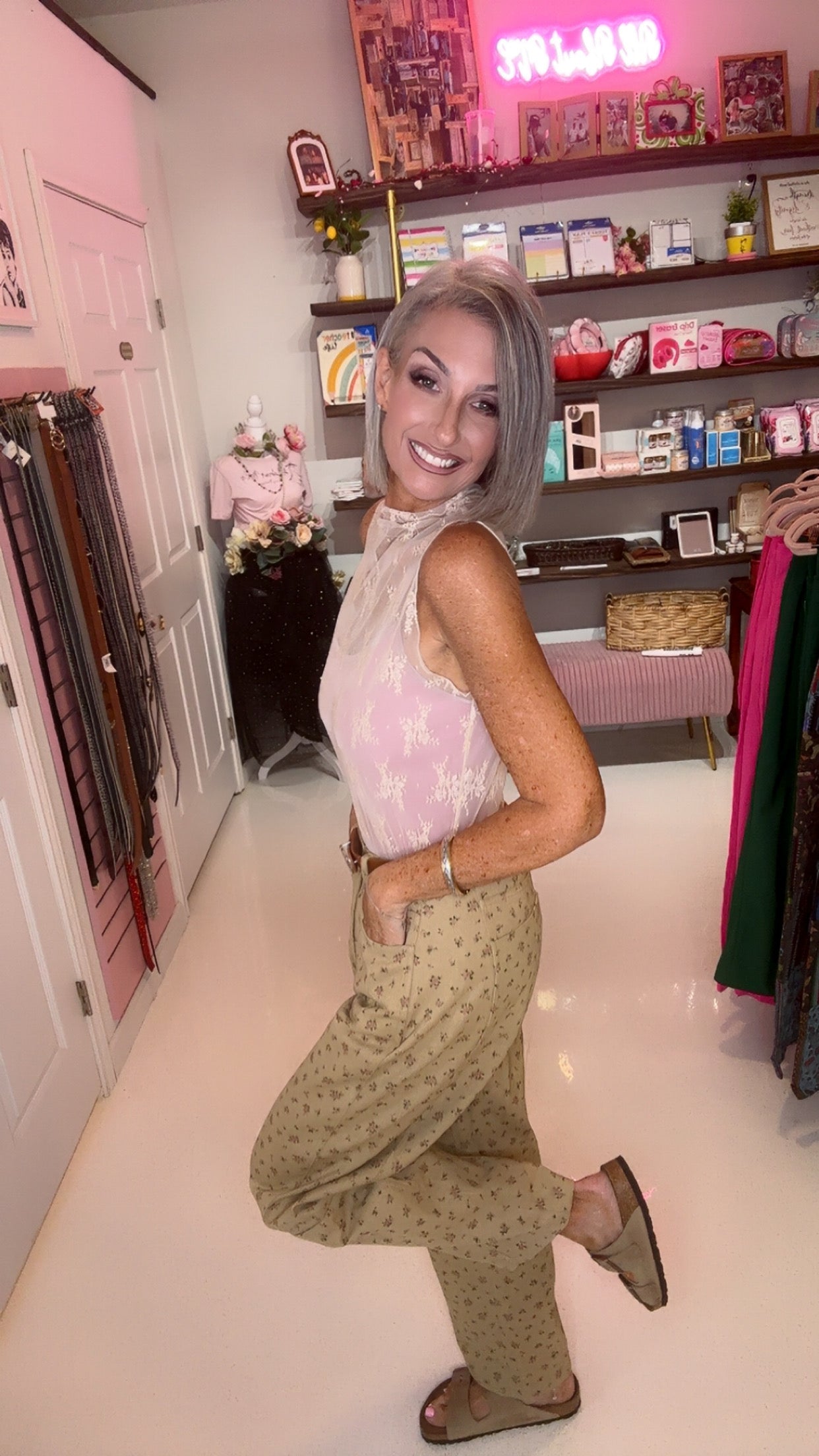 DITSY FLOWER COTTON TWILL BARREL LEG PANTS