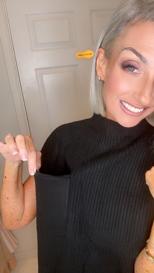 Ribbed Short Sleeve Pocketed Sweater