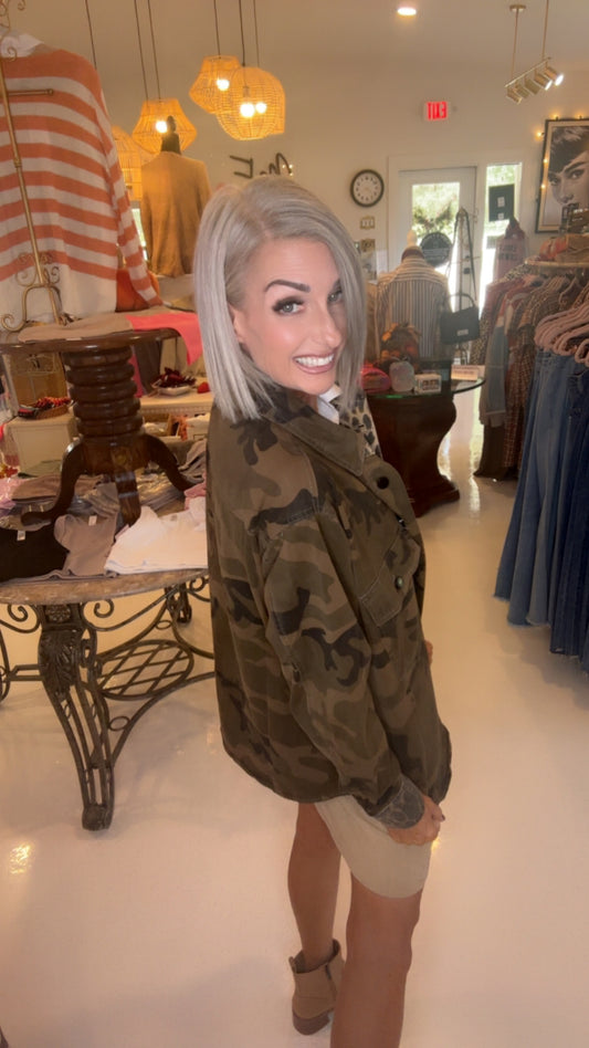 Mix Media Camo Leopard Snap Jacket