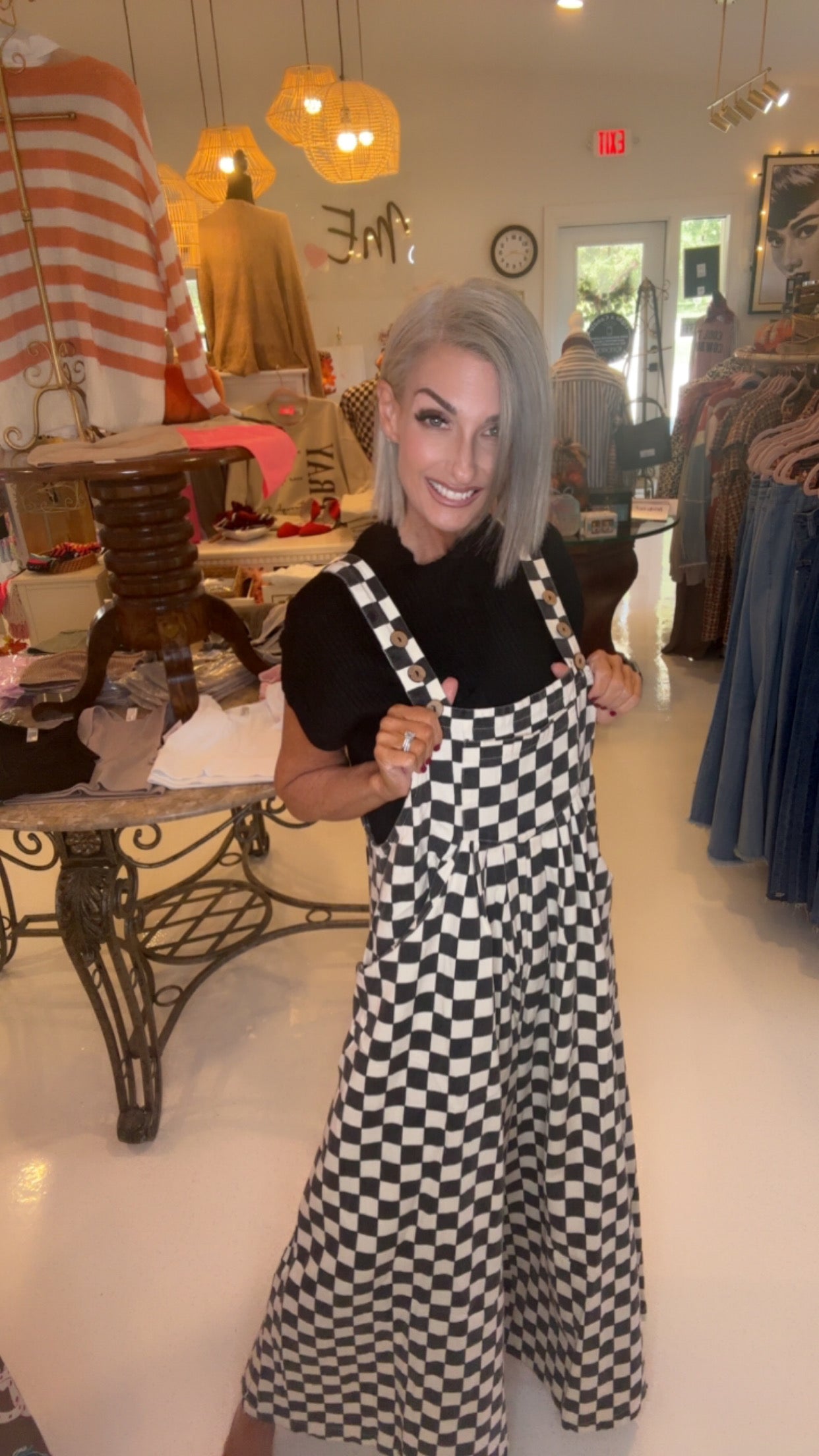 CHECKERED WIDE LEG OVERALLS