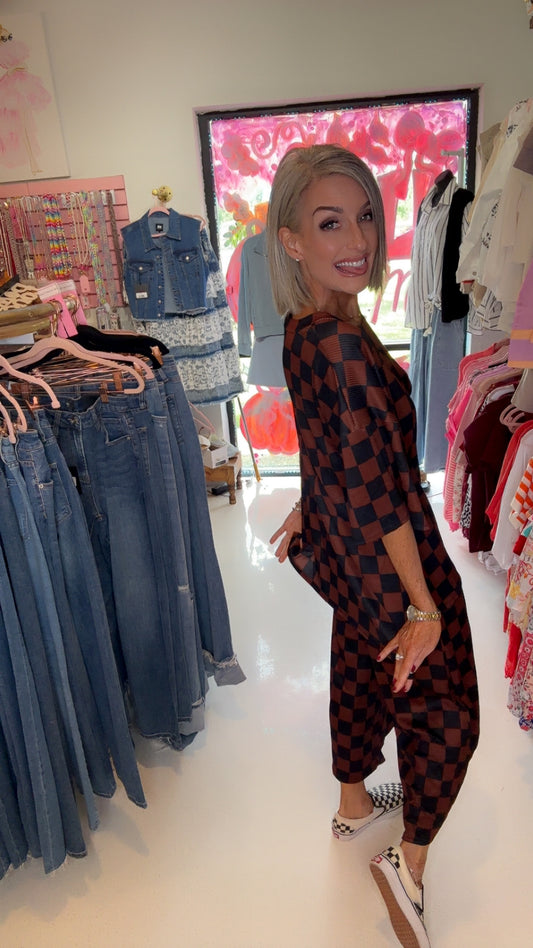 Ribbed checkered print top/ pant set