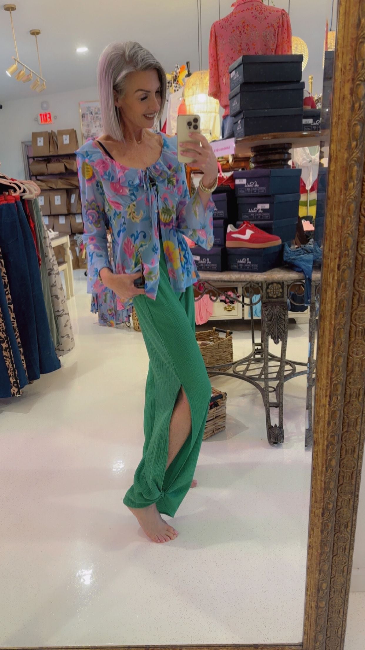 WOMEN MESH FLORAL TIE FRONT BELL SLEEVE TOP
