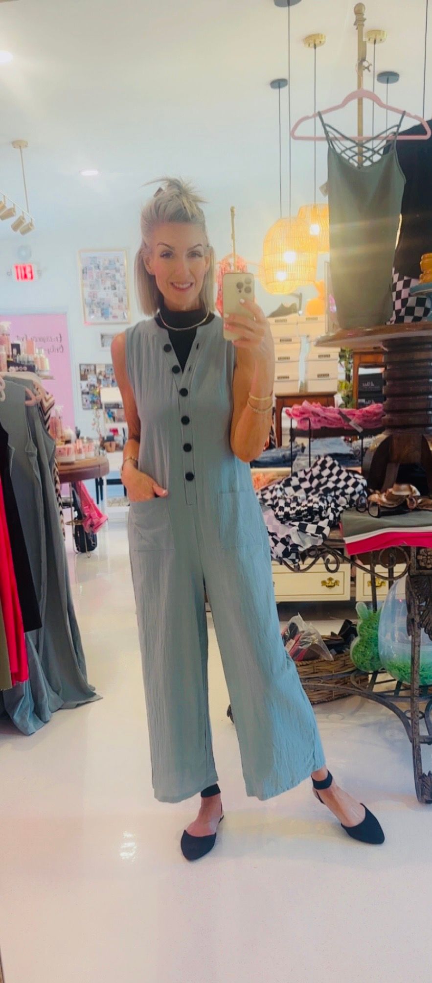 V Neck Button Sleeveless Wide Leg Pockets Elegant Jumpsuit