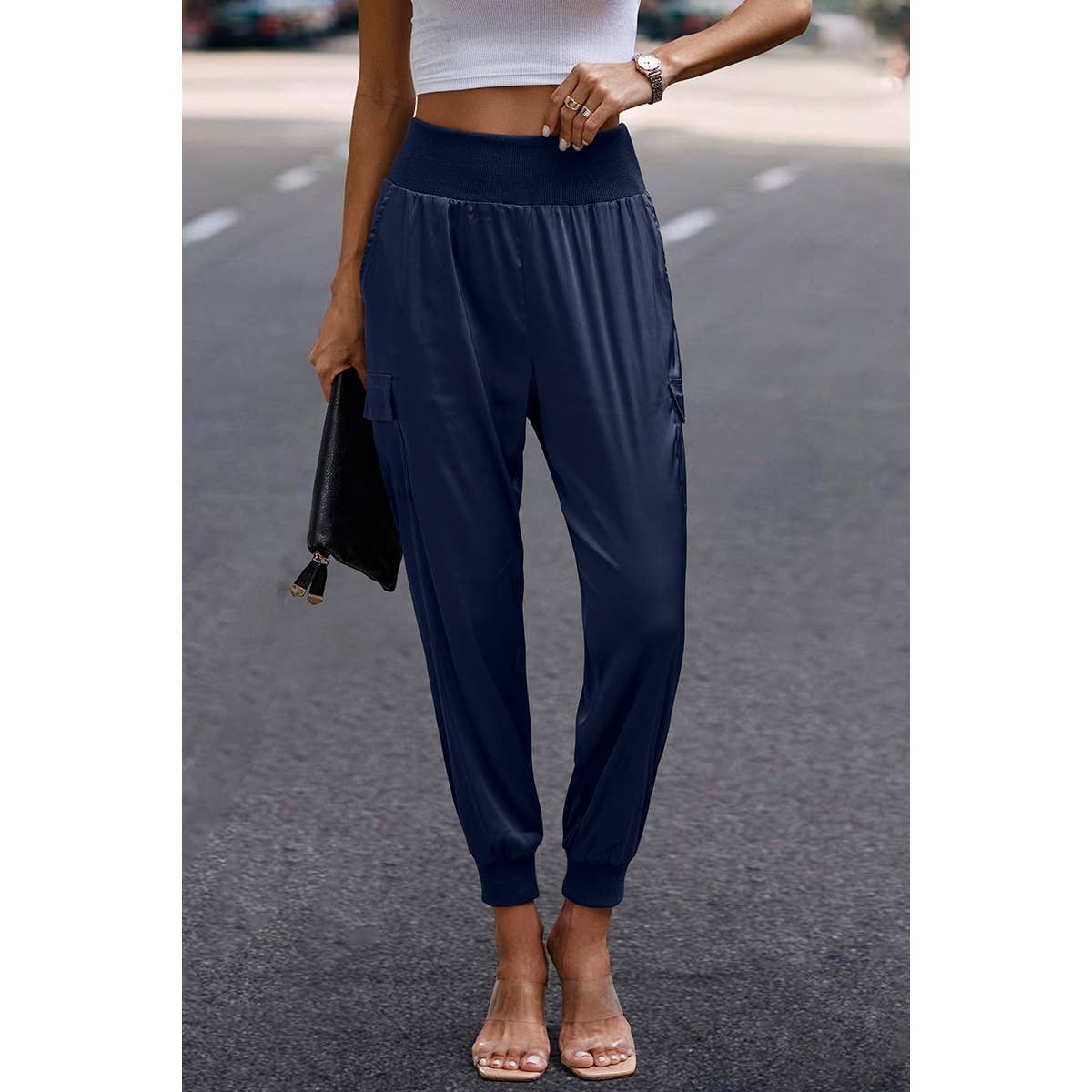 Elastic High Waist Sweatpants Sporty Pocket Pants