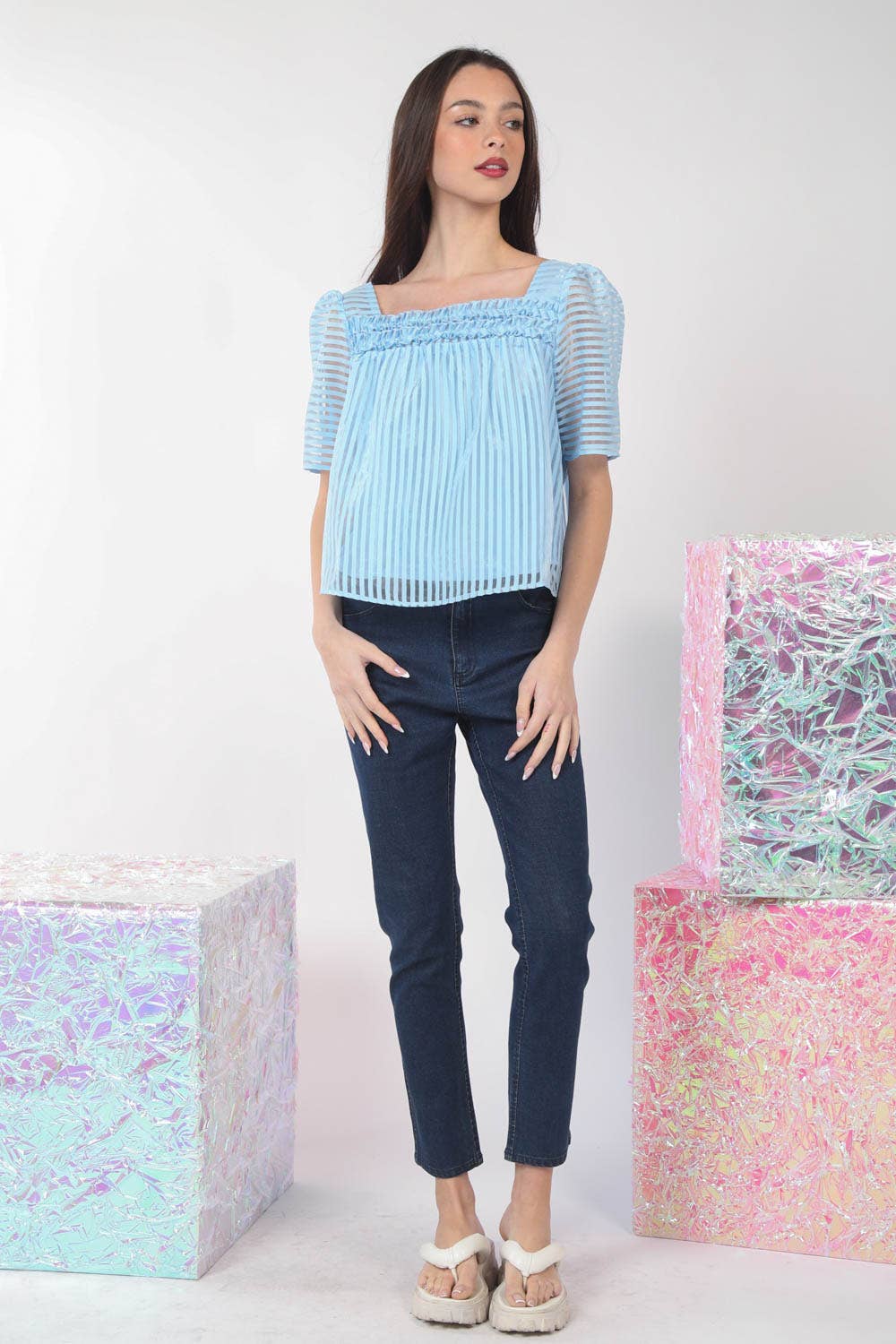 Puff Sleeve Organza Stripe Sheer Blouse Top