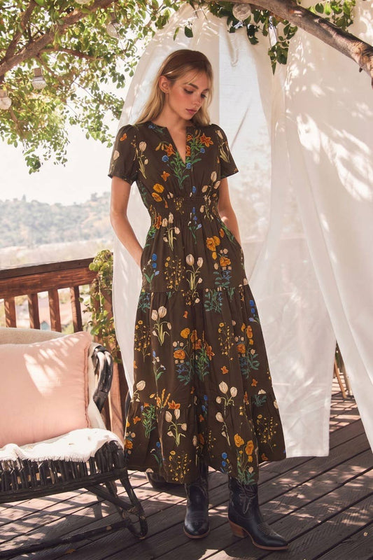 Floral Print Short Sleeve Tiered Maxi Dress
