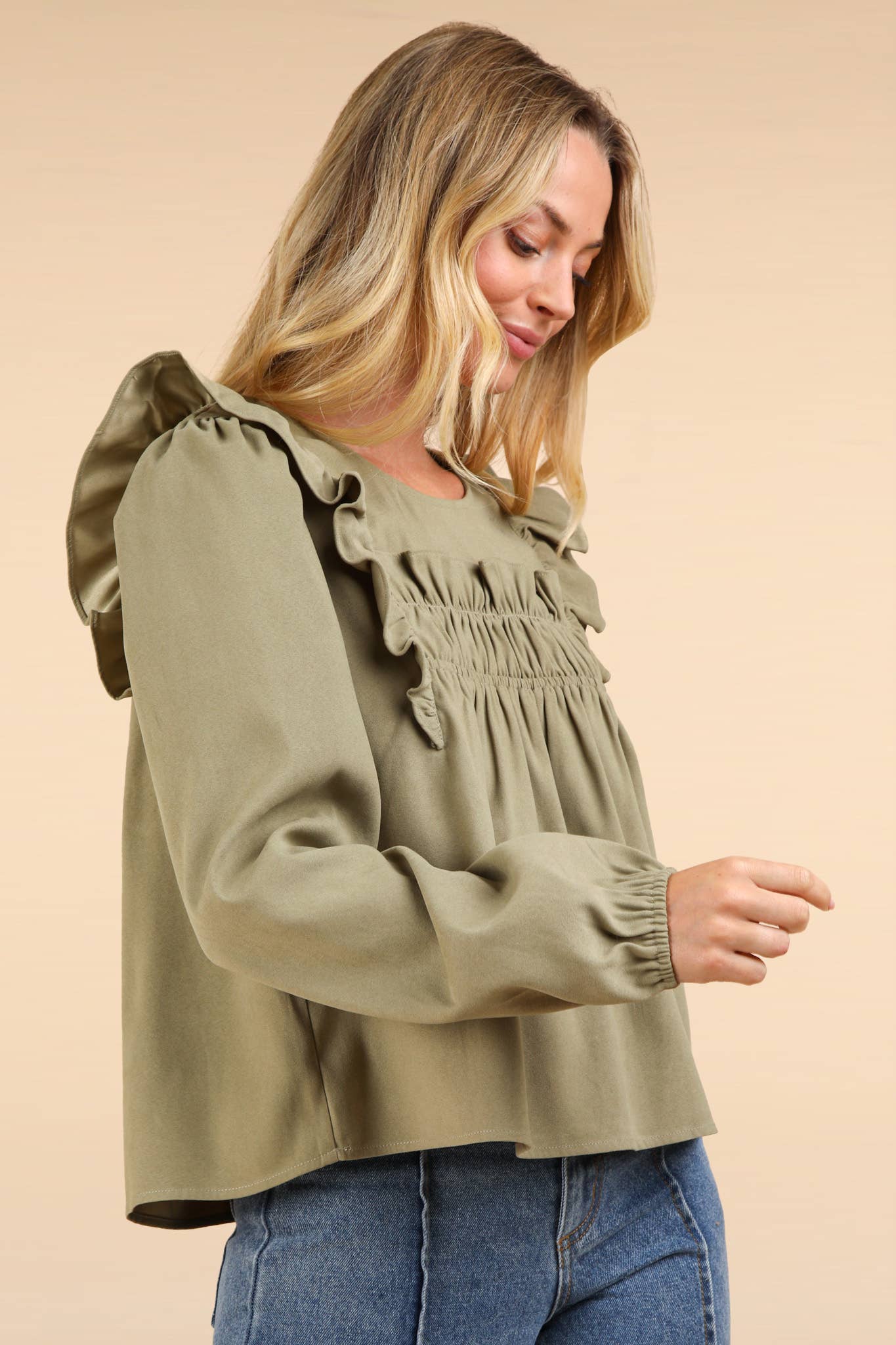 Casual Ruffle Shoulder Woven Blouse Top