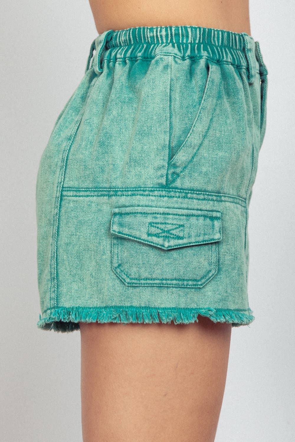 Washed Cotton Twill Washed Denim Cargo Shorts