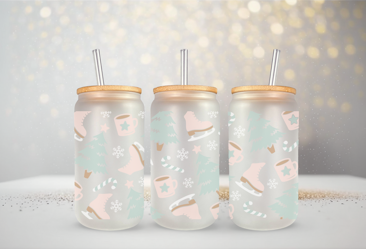 16 Oz Glass Can- Winter Themed Cup, Gifts for Her