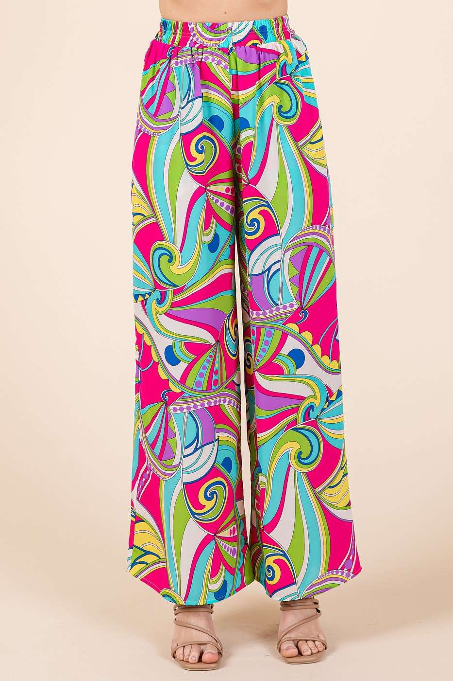 ABSTRACT PRINT ELASTIC WAIST WIDE LEG PANTS