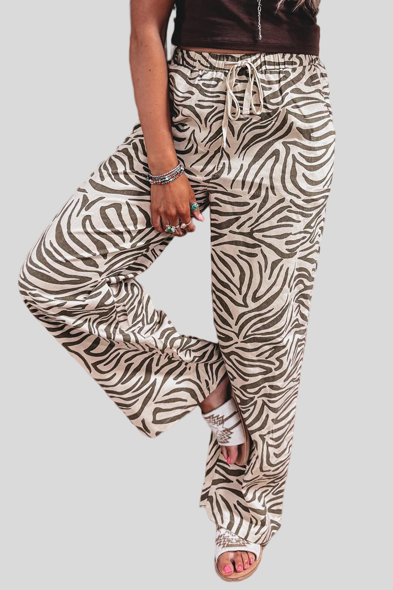 Zebra Pattern Elastic Waist Pocket Full-Length Pants