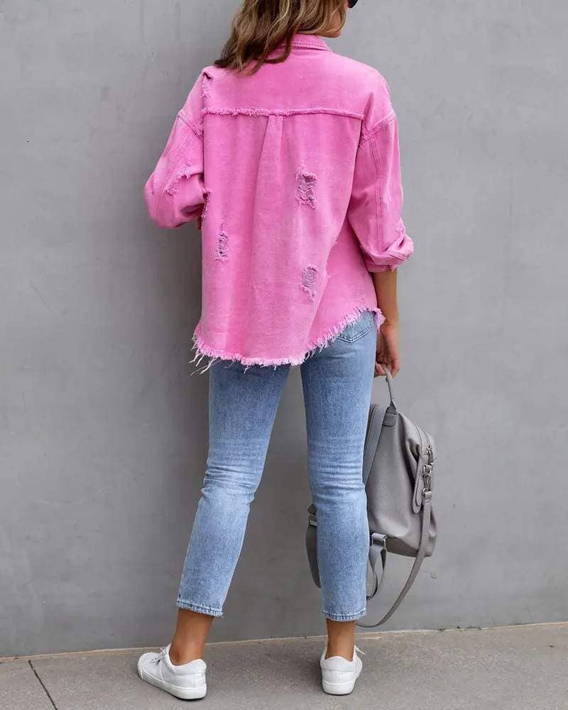 Raw hem pocket design denim coat