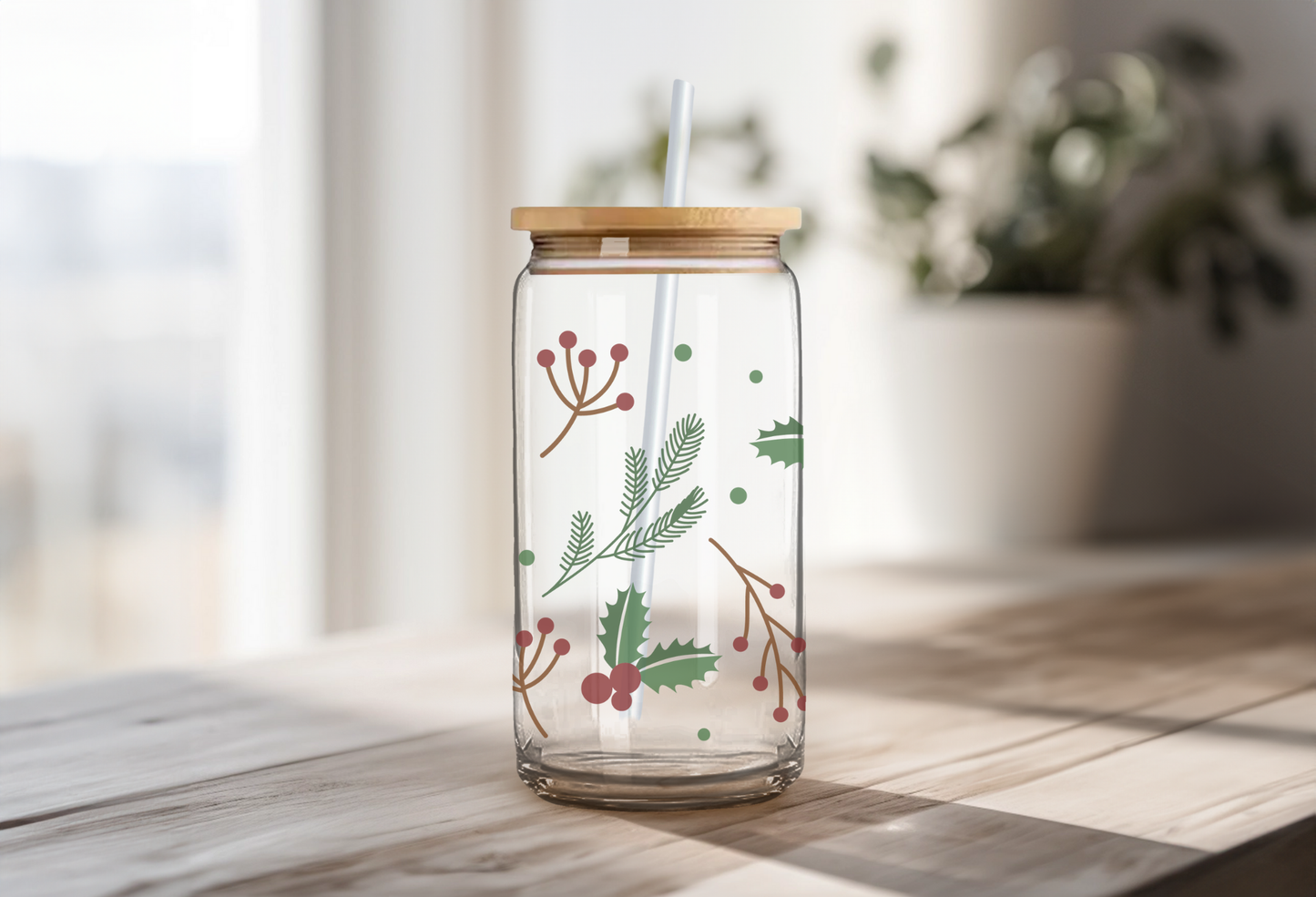 16 Oz Glass Can- Christmas themed Cup