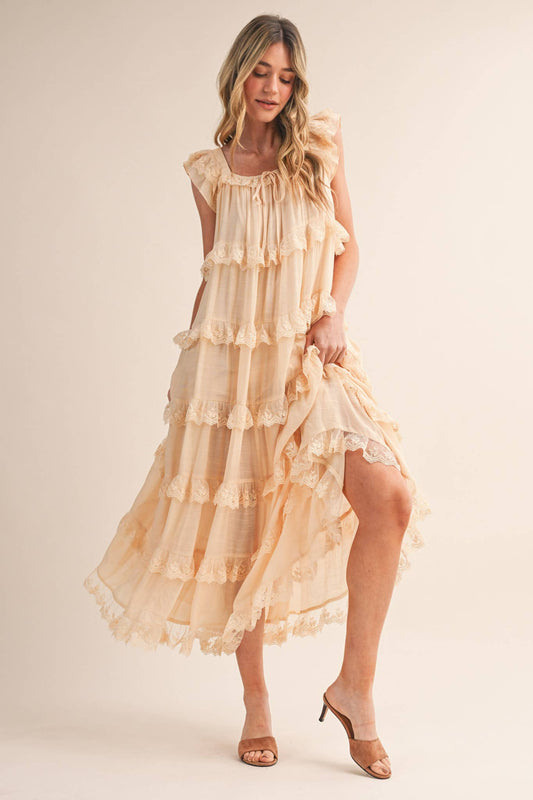 TIERED LACE TRIM FLOWY MAXI DRESS