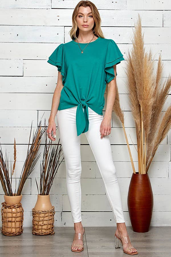 PLUS SOLID DOUBLE RUFFLED SLEEVE TOP W FRONT TIE