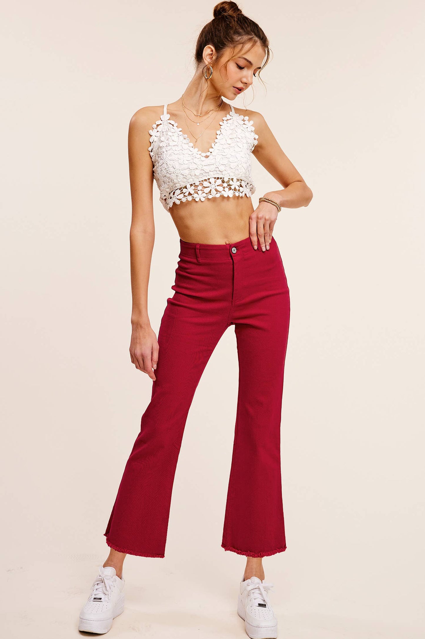 Soft Washed Stretchy High Waisted Flare Pants: Red / L