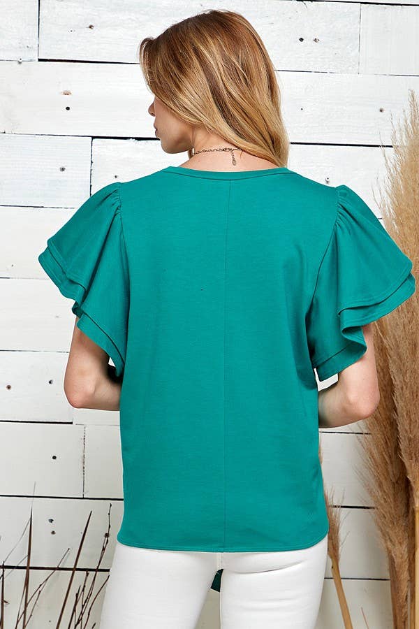 PLUS SOLID DOUBLE RUFFLED SLEEVE TOP W FRONT TIE