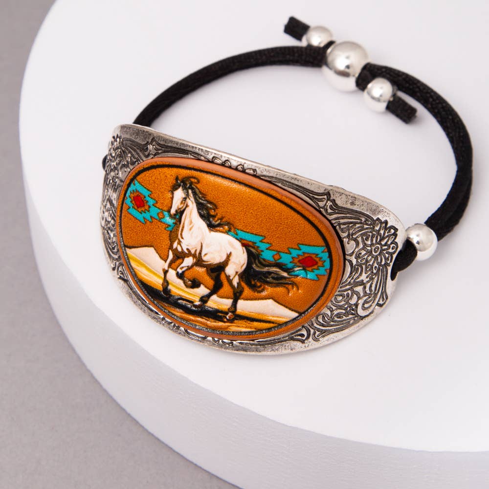 Western Mustang Leather Bracelet with Concho Slider