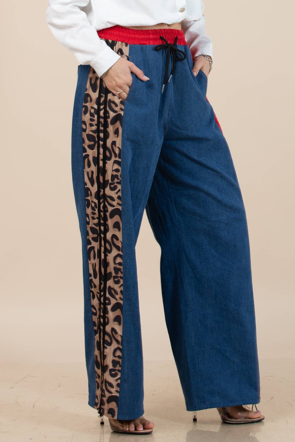 High Waist Animal Print Striped Wide Pants