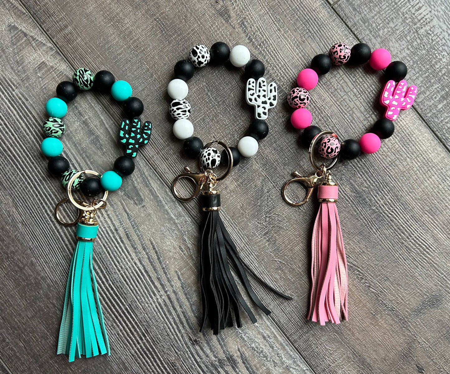 Western Cactus Wristlet Keychain with Tassel