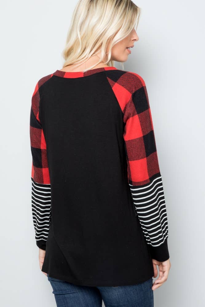 PLAID AND STRIPES LONG SLEEVE TOP -CT43658