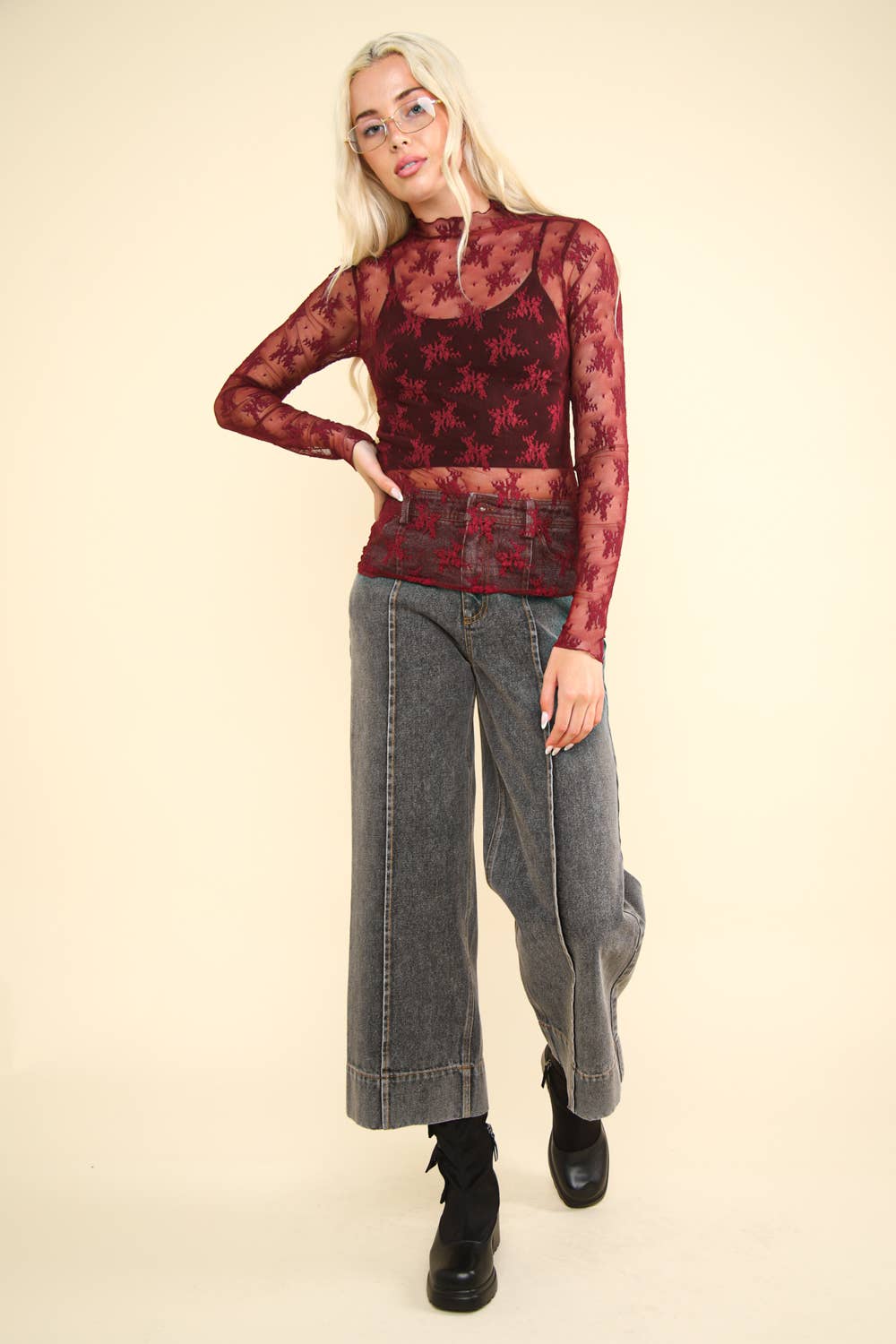 NT11909-High Neck Fitted Sheer Mesh Lace Knit Top