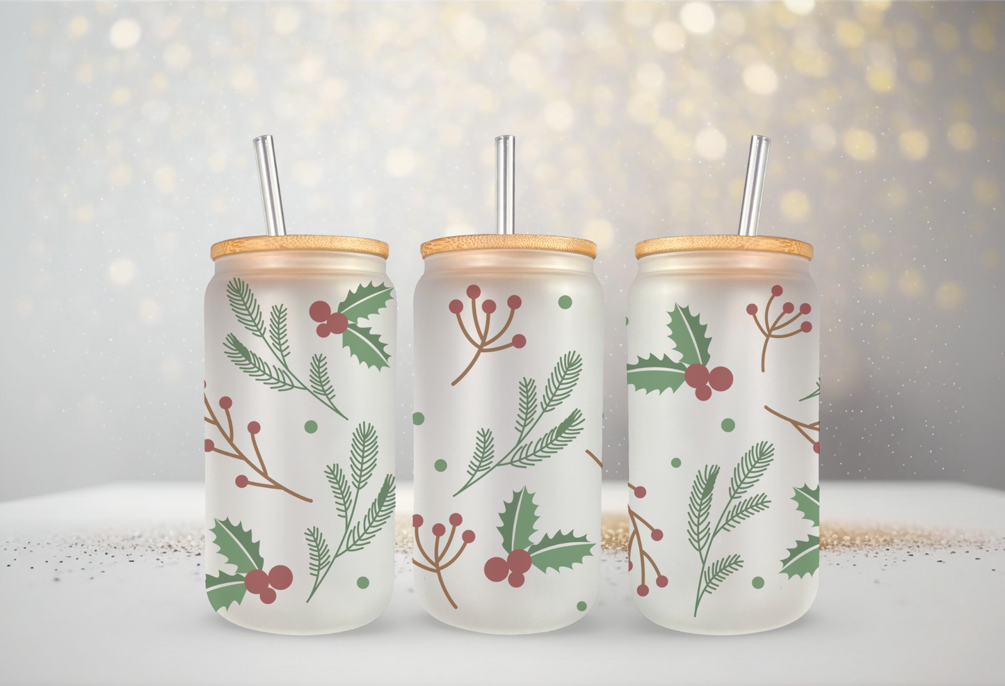 16 Oz Glass Can- Christmas themed Cup