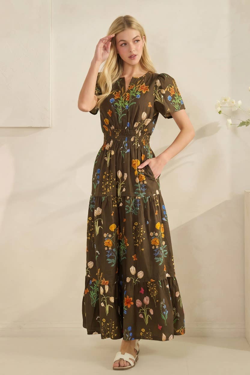 Floral Print Short Sleeve Tiered Maxi Dress