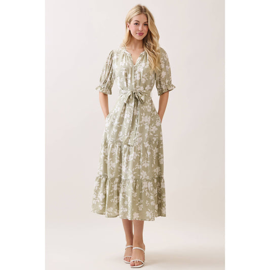 V NECK WAIST TIE TIERED MIDI DRESS -