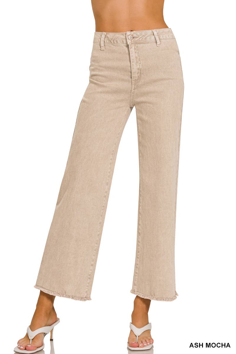 Acid Washed Frayed Cutoff Hem Straight Wide Pants