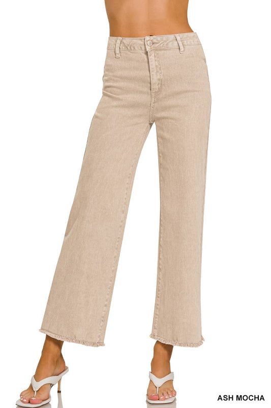 Acid Washed Frayed Cutoff Hem Straight Wide Pants