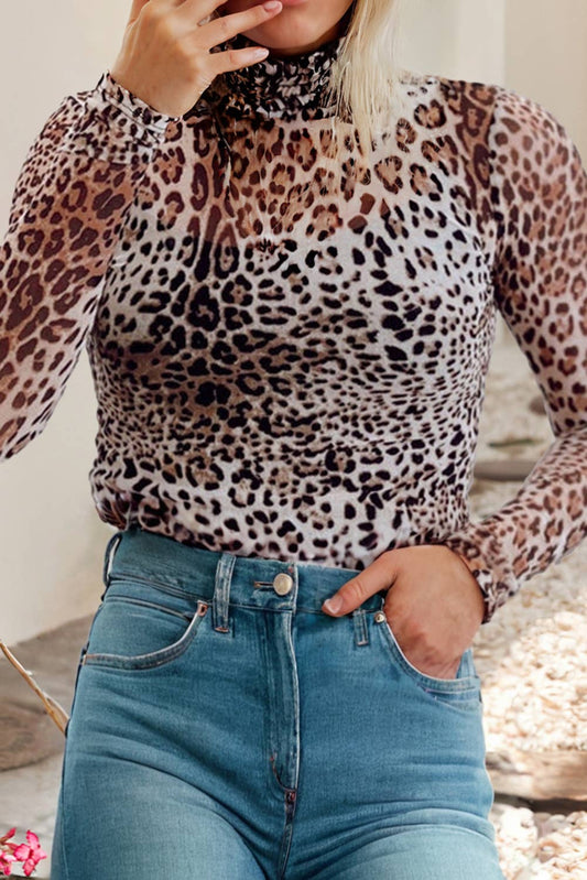 LDC Leopard Smocked Neck Mesh Long Sleeve Bodysuit