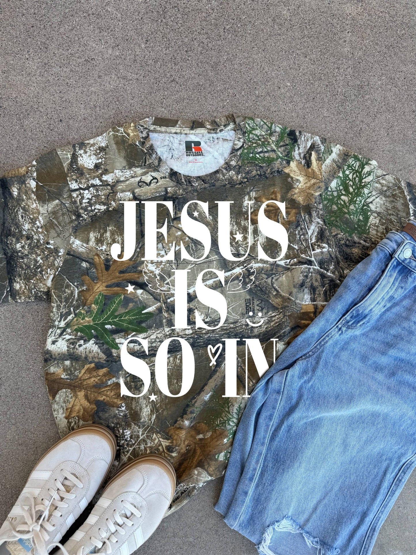 Jesus is so in Russell outdoors Camo T-Shirt