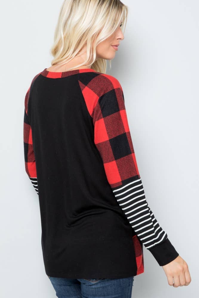 PLAID AND STRIPES LONG SLEEVE TOP -CT43658