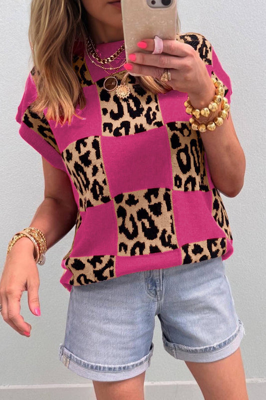 66Plus Size Leopard Checkerboard Short Sleeve Sweater