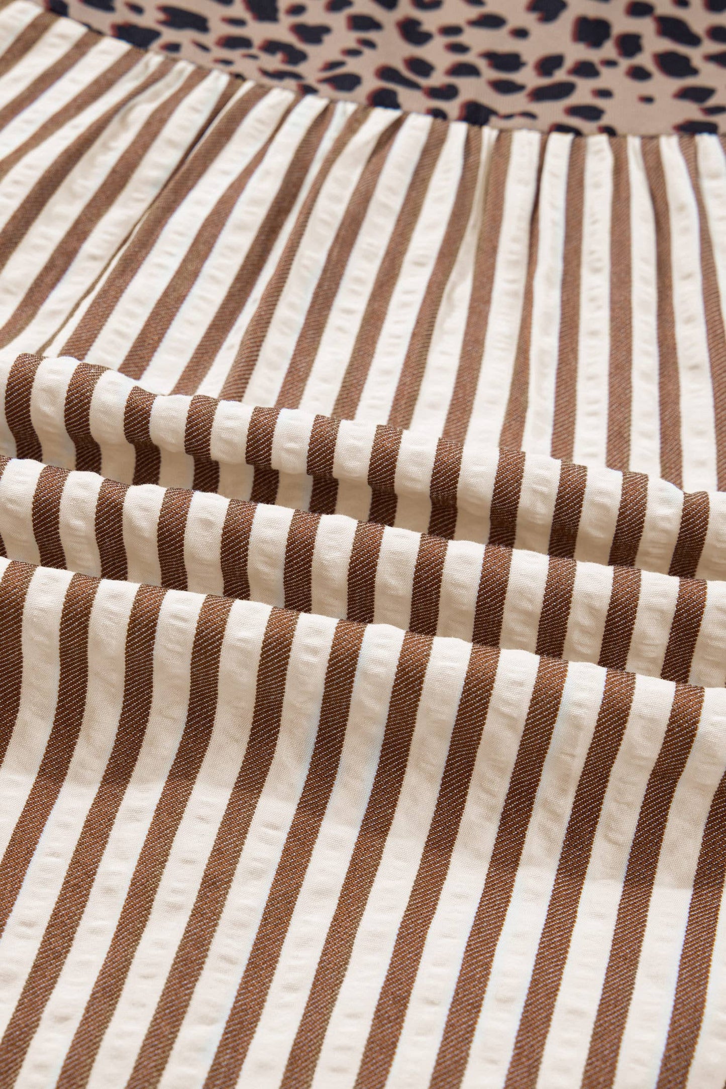 Leopard Trim Button Down Stripe Half Sleeve Shirt