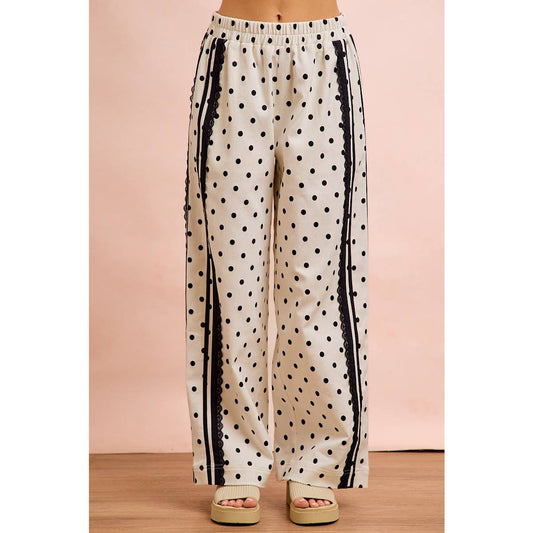 POLKA DOT PRINTED TWILL LACE TRIM DETAIL PANTS